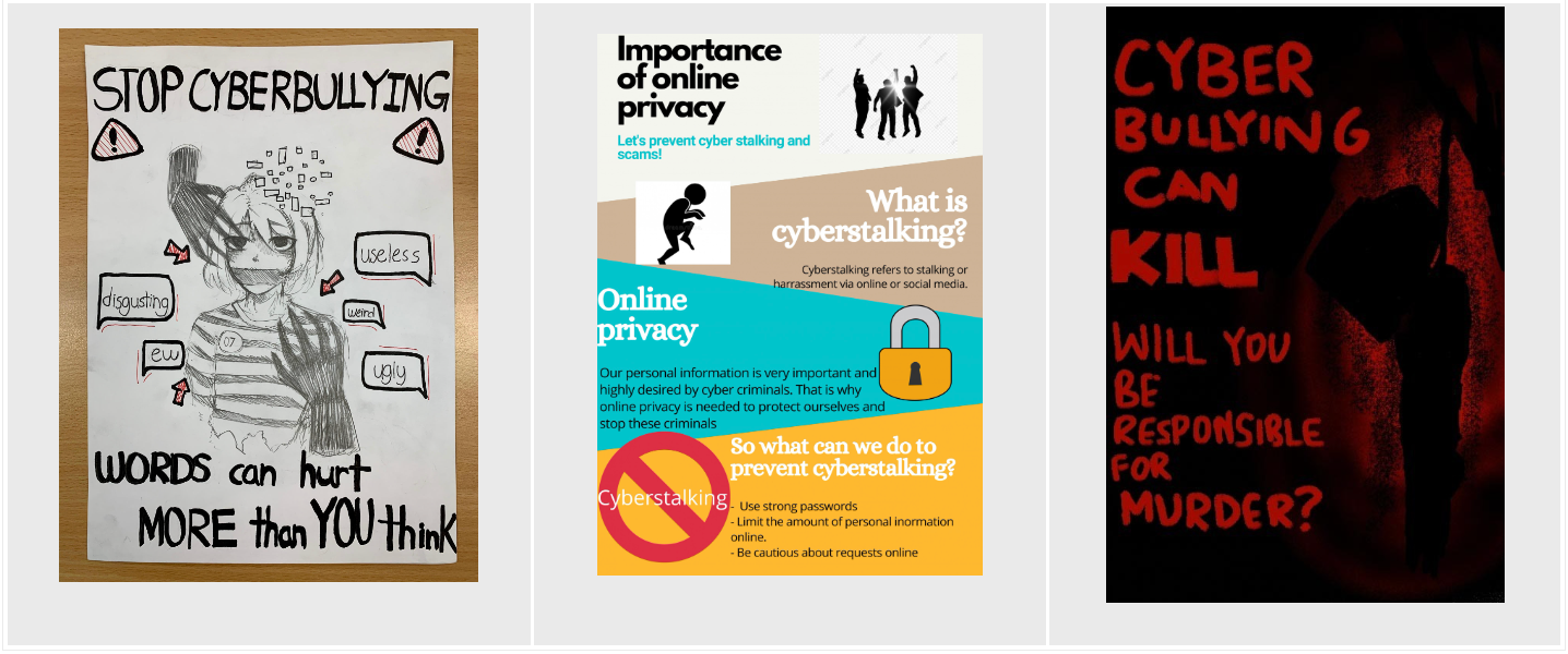 Three anti-cyberbullying posters warning about harmful words, online privacy, cyberstalking, and dangers of cyberbullying.